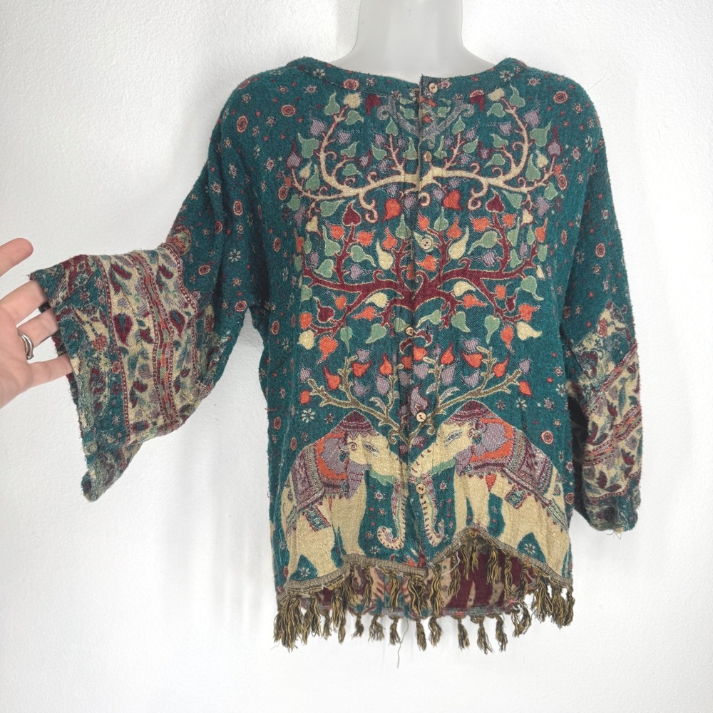 Boho Teal Tree of Life Elephant Tapestry Fringe Cardigan Bell Sleeve Top M Indie